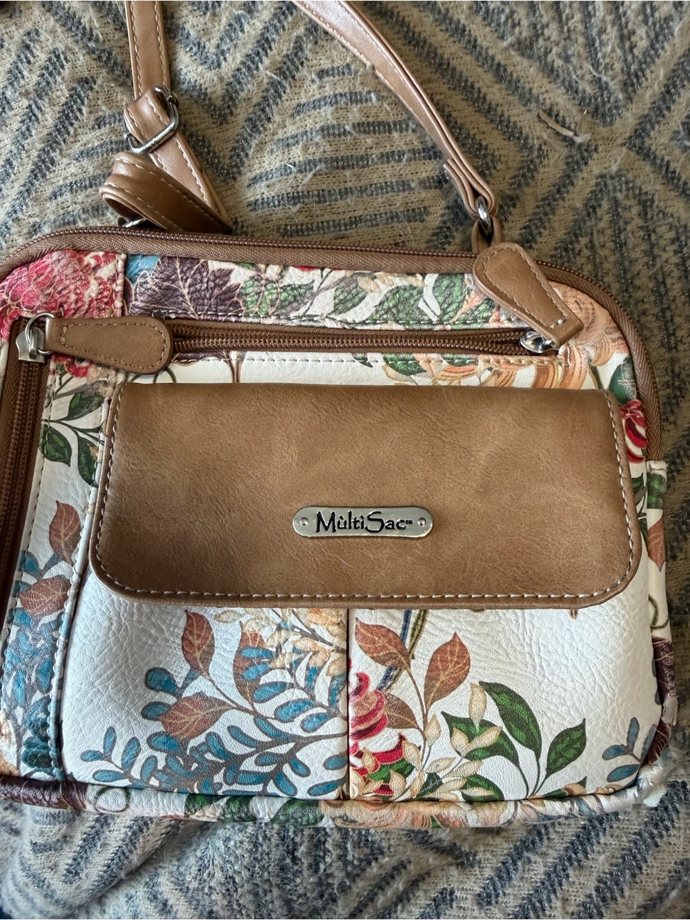MultiSac Floral Print Crossbody Bag with Tan Leather Accent